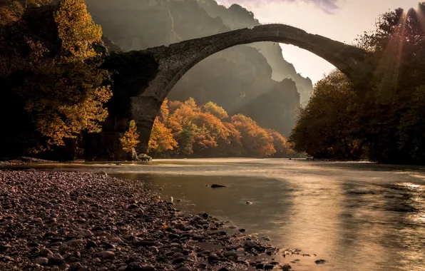 Autumn, forest, bridge, river