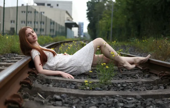 Girl, rails, dress, sleepers