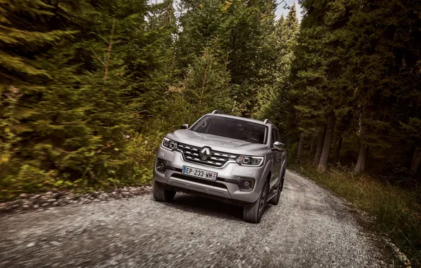 Picture forest, movement, Renault, pickup, 4x4, 2017, Alaskan, gray-silver