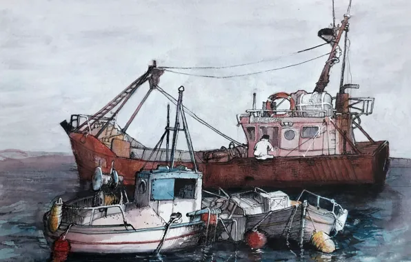 Picture figure, ship, watercolor, seascape
