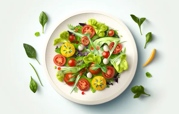 Greens, food, plate, white background, leaves, vegetables, tomatoes, different