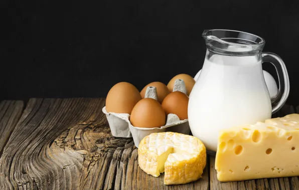 The dark background, Board, food, eggs, cheese, milk, pitcher, tray