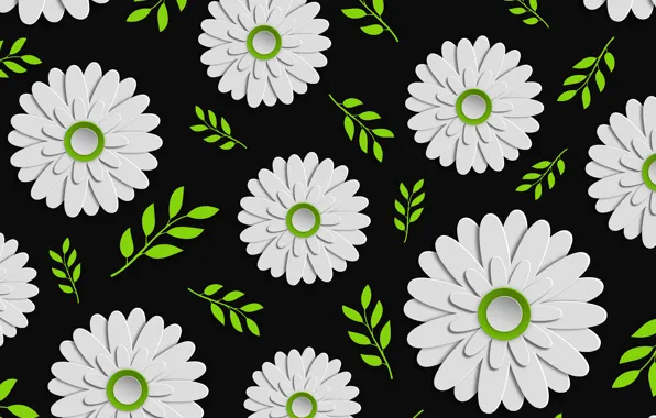 Flowers, texture, black background, Green, Design, Colorful, Background, Leaves