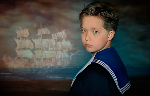 Picture sailboat, boy, Jack, dreams about the sea, the young sailor