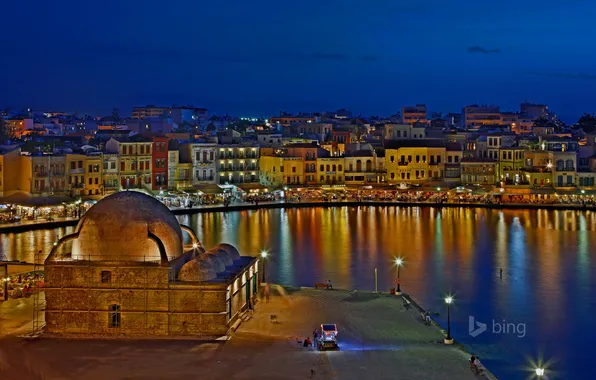 Night, lights, home, Greece, Old town, Chania, The Venetian harbour