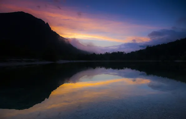 Picture forest, lake, mountain, the evening, silhouette, haze, Slovenia, Slovenia