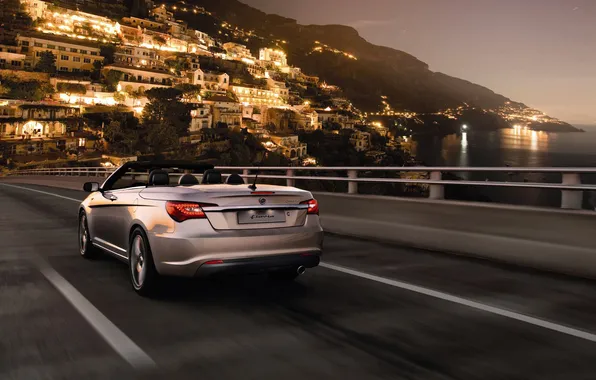 Road, the sky, water, night, the city, lights, convertible, rear view