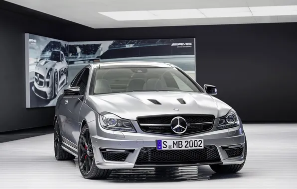 Picture Mercedes-Benz, Logo, Silver, Lights, AMG, C63, Suite, The front