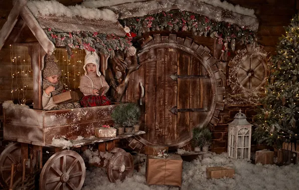 Picture Boy, Girl, Tree, Christmas interior, Studio, Decor