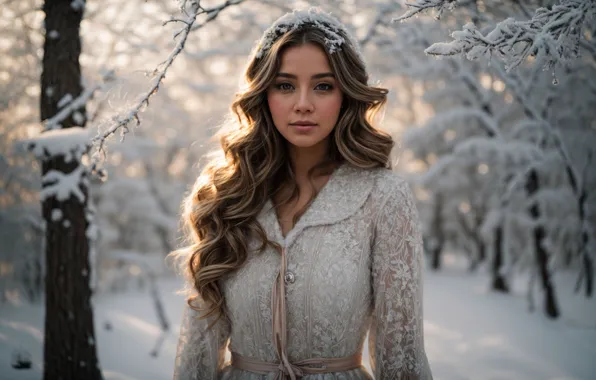 Winter, frost, forest, look, girl, light, snow, trees