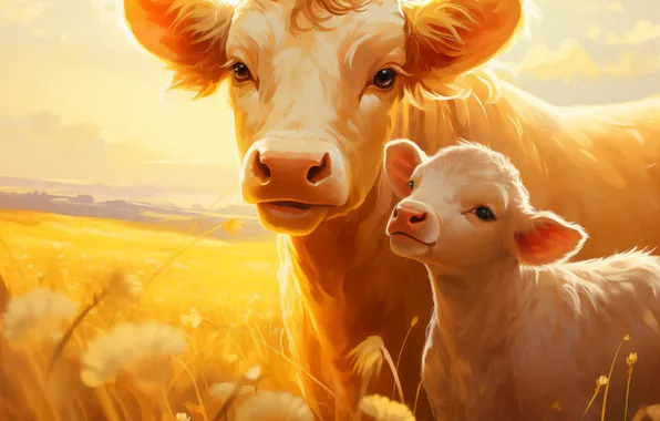Grass, flowers, cows, two, digital art, calf, AI art, The Art of Artificial Intelligence