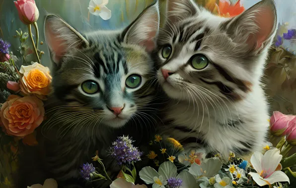 Look, cats, flowers, pose, kitty, kittens, a couple, striped