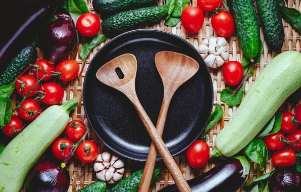 Bow, eggplant, vegetables, tomatoes, a lot, different, cucumbers, composition