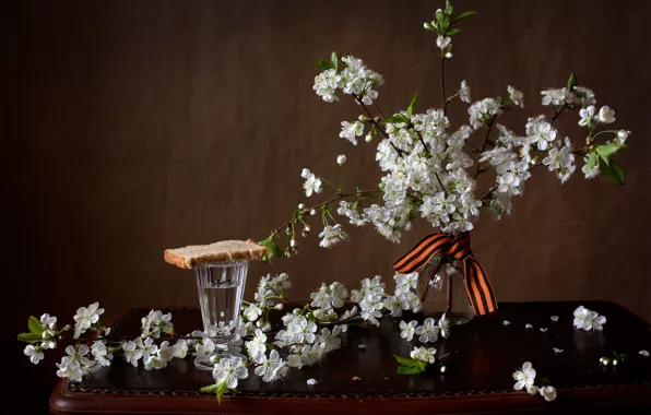 Branches, cherry, memory, bread, victory day, still life, vodka, table