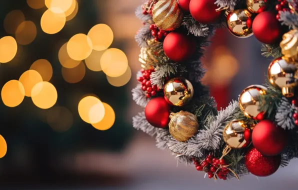Balls, branches, Christmas, New year, needles, wreath, bokeh, Christmas decorations