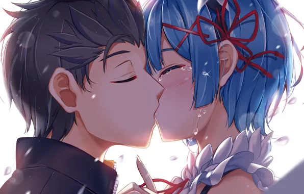 Kiss, art, two, tears, Subaru, Re: Zero kara hajime chip isek or Seikatsu, REM