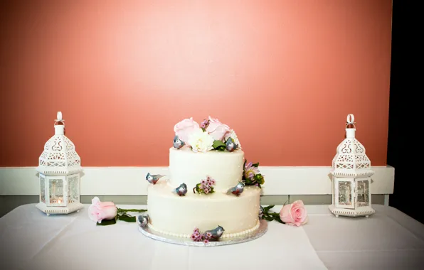 Birds, roses, candles, lantern, cake, wedding, decor, wedding
