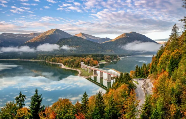 Road, autumn, forest, mountains, bridge, lake, Germany, Bayern