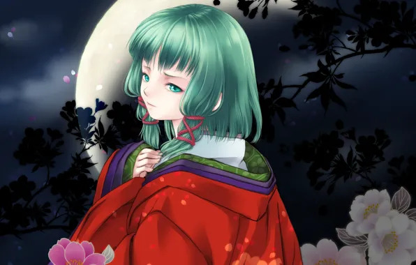 Girl, flowers, night, the moon, kimono, Vocaloid, green hair, Vocaloid
