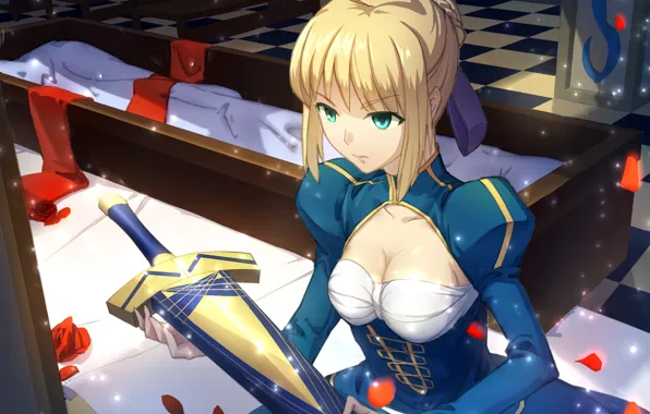 Picture girl, sword, dress, the coffin, saber, art, fate/stay night, nihao jiang