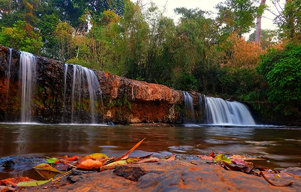 Picture forest, trees, stones, waterfall, Cambodia, Banlung Waterfalls
