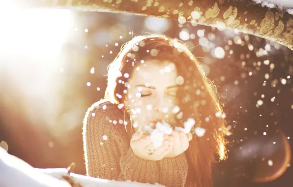 Winter, girl, snow, snowflakes