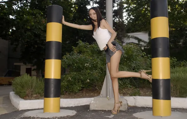 Girl, trees, posts, stand