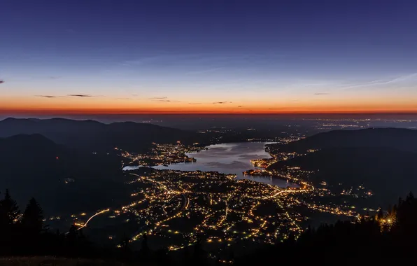 Mountains, night, the city, lights, Germany, Bayern, lake Tegernsee