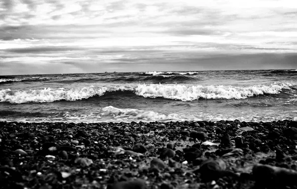 Picture sea, wave, nature, stones, coast, landscapes, ships, black and white