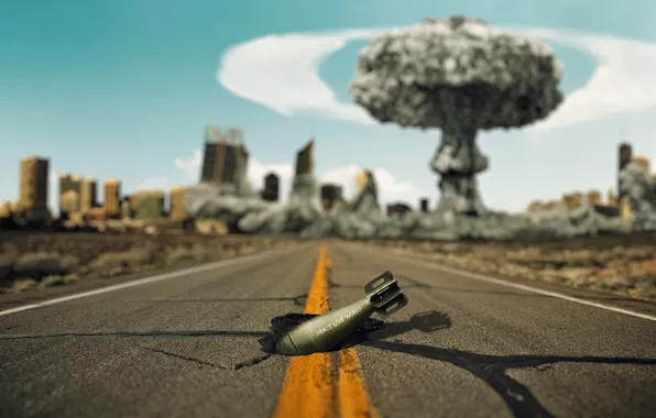 Road, the explosion, the city, cracked, war, mushroom, world, hole