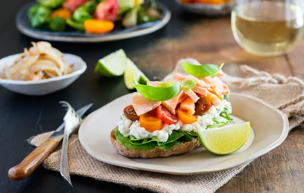 Food, fish, lime, sandwich, tomatoes-cherry, feta cheese