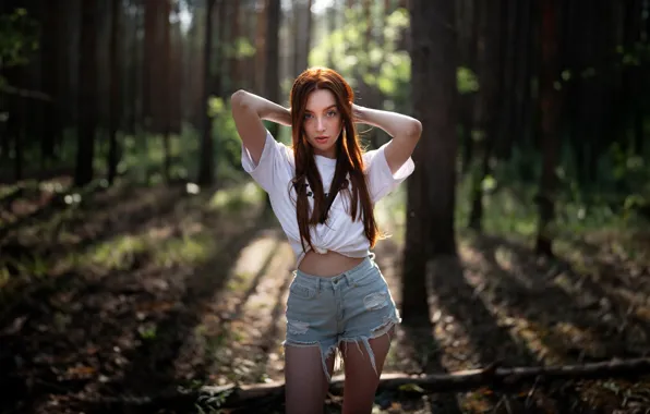 Picture girl, forest, shorts, model, redhead