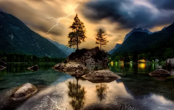 The storm, trees, mountains, lake, zipper, beauty, boulders