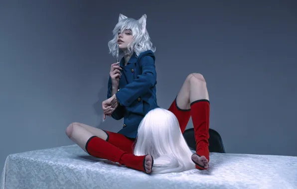 Picture animal ears, women, cosplay, silver hair, wigs, Karina Salakhutdinova, tabl