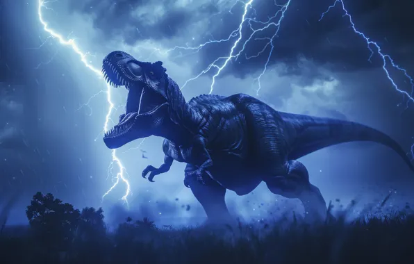 Lightning, Clouds, Teeth, Predator, Dinosaur, Animal, Digital art, Tyrannosaurus