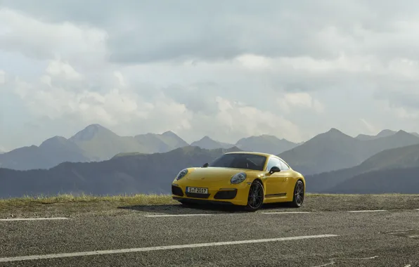 Road, the sky, asphalt, clouds, mountains, yellow, markup, Porsche