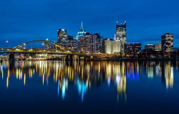 Picture night, bridge, lights, river, building, home, lights, USA