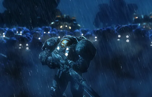 Rendering, rain, soldiers, starcraft, art, jim raynor, terran, terran marine