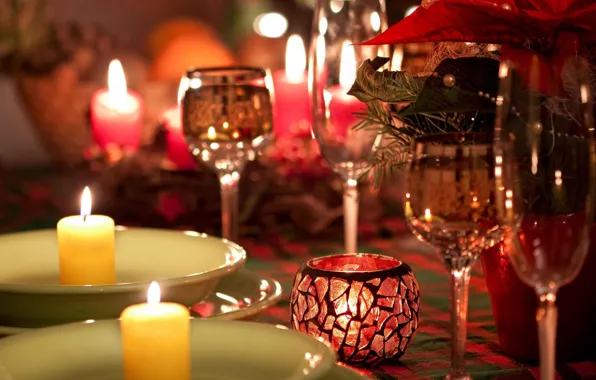 Picture table, fire, romance, candles, glasses, plates