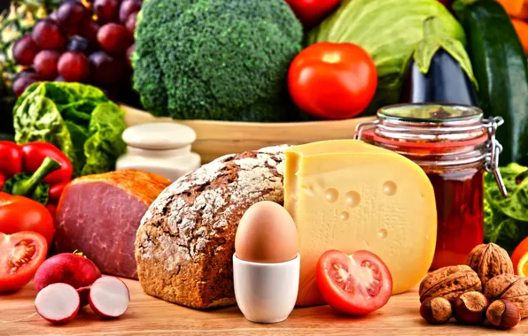 Egg, cheese, nuts, vegetables, tomatoes, ham, pepper, vegetables