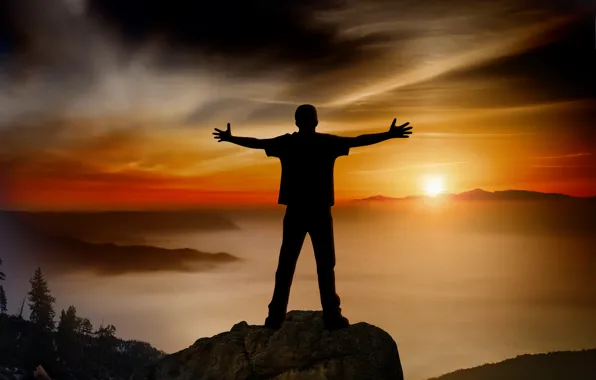 Picture sunset, mountains, people