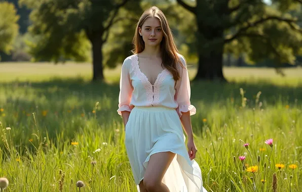 Trees, flowers, smile, green grass, white dress, lawn, beautiful girl, digital art
