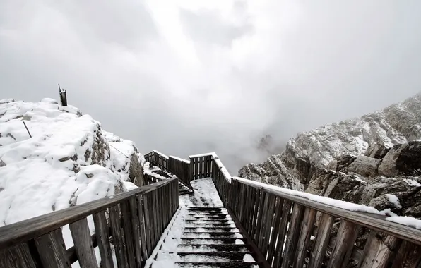 Snow, landscape, mountains, fog, ladder