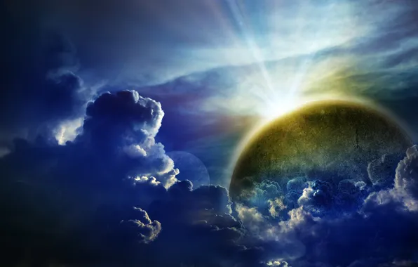 The sky, clouds, rays, light, landscape, clouds