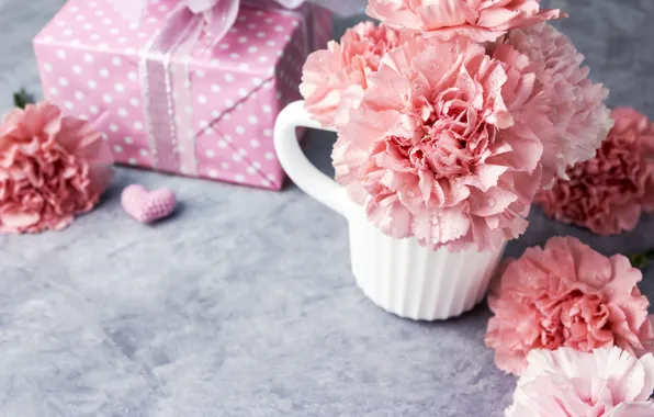 Flowers, gift, mug, hearts, love, pink, pink, flowers