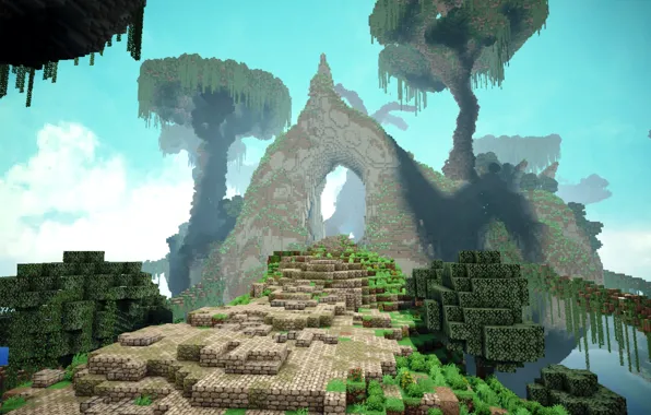 Road, the sky, trees, fog, blocks, the gates, Minecraft, green hole