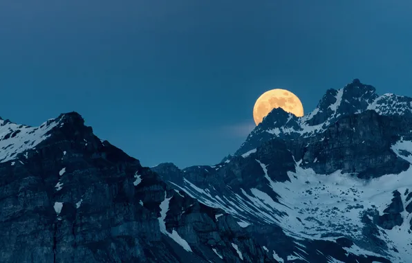 The sky, snow, mountains, night, blue, rocks, the moon, tops