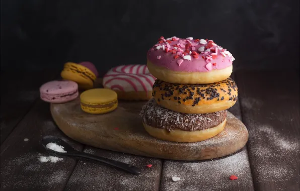 Board, cookies, spoon, stack, cake, different, dessert, powdered sugar