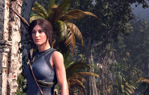 Palm trees, brunette, bow, jungle, lara croft, jungle, adventure, brunette