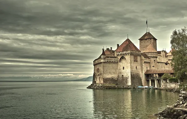 Picture castle, vintage, on the lake
